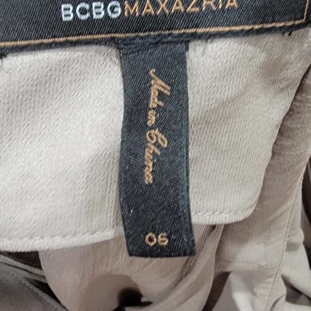 BCBGMAXAZRIA Moss/Tan Sleeveless Asymmetrical Open Neckline Ruched Detail Size 6 - Picture 3 of 8